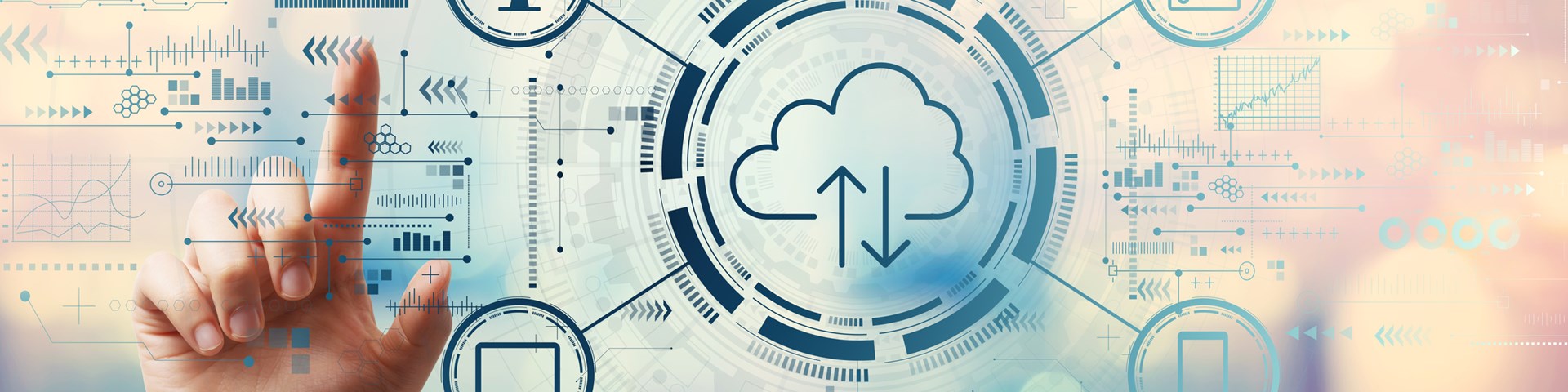 Cyber image of cloud icon showing data and laptops
