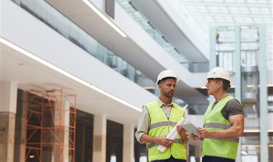 Shows two trademen discussing building works with hard hats on and high vis